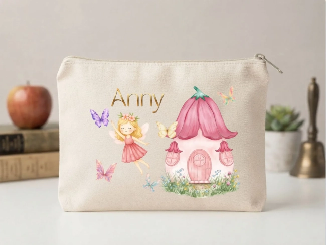 Lembrancinha Nécessaire Personalizada Algodão Cru 20x15 Estampa DTF Fada Rosa