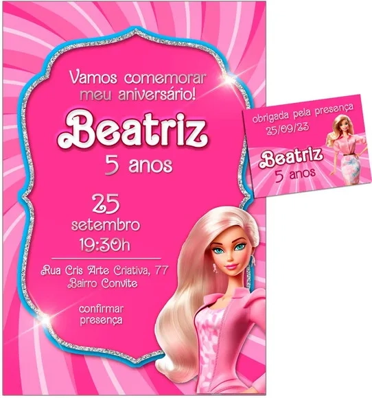 Convite Digital C/tag Boneca Barbie Rosa 7