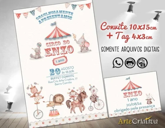 Convite Digital C/tag Circo Aquarela Menino 17