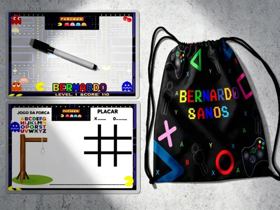 Kit Mochila e Lousa Magica para lembrancinhas Video Game