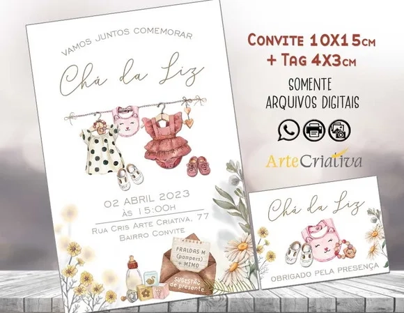 Convite Digital C/tag Chá de Bebê Menina Roupinha Boho 1