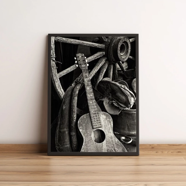 Quadro Violão Rústico em Preto e Branco Vintage 2581