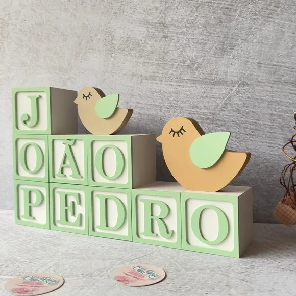 Passarinho + Cubos 6x6cm Ts - Decoração Bebê e Maternidade