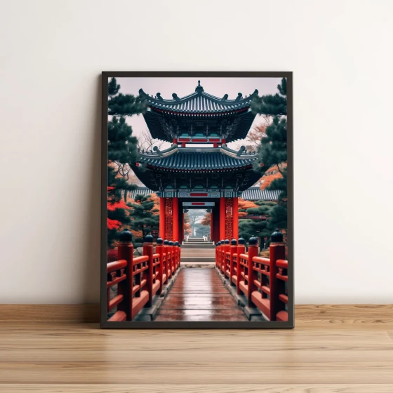 Quadro Portal Japonês Tradicional com Ponte Vermelha 2705