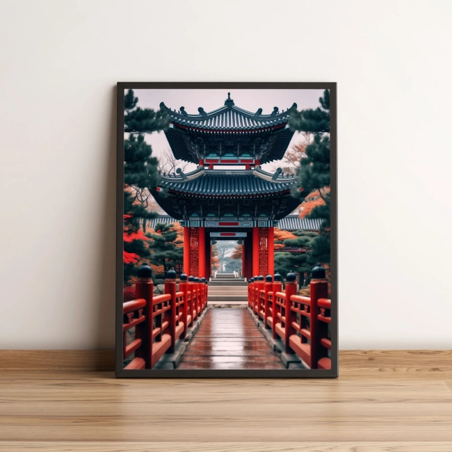 Quadro Portal Japonês Tradicional com Ponte Vermelha 2705