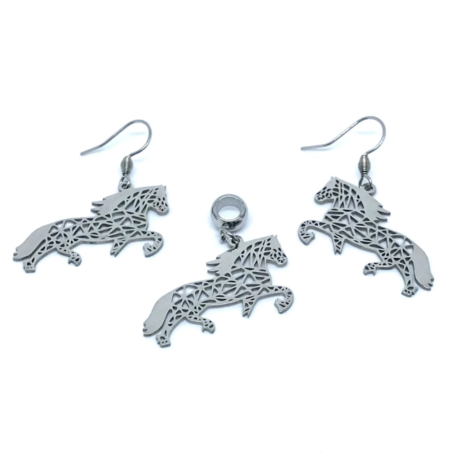 Conjunto Brincos E Pingente Country Cavalo Em Aço Inoxidável