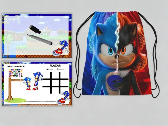 Kit Mochilinha e Lousa Magica Personalizada para lembrancinhas do Sonic