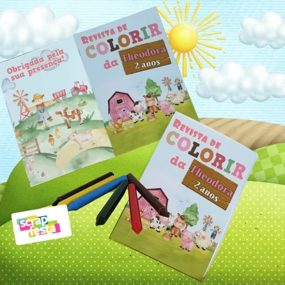 Mini Revista Colorir + Giz de Cera Festa Fazendinha Aquarela
