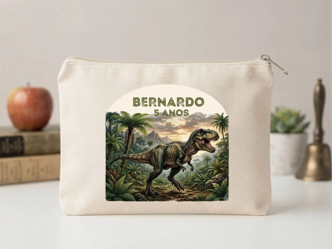 Lembrancinha Nécessaire Personalizada Algodão Cru 20x15 Estampa DTF Dinossauro