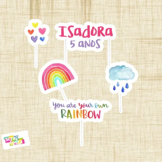 Topo de Bolo Personalizado Chuva Amor Arco Íris Aquarela