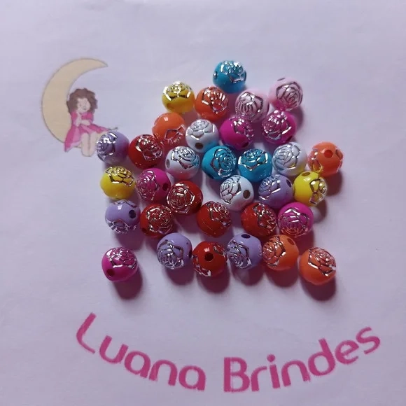 Bolinha Colorida com Flor Prata 8mm Pct 100 Unidades