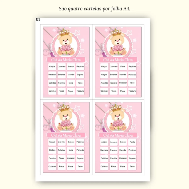 Bingo Chá de Bebê Menina Pdf Para Imprimir