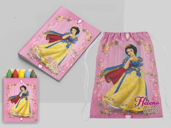 Kit Mochila e Revista de colorir para lembrancinha da Branca de Neve