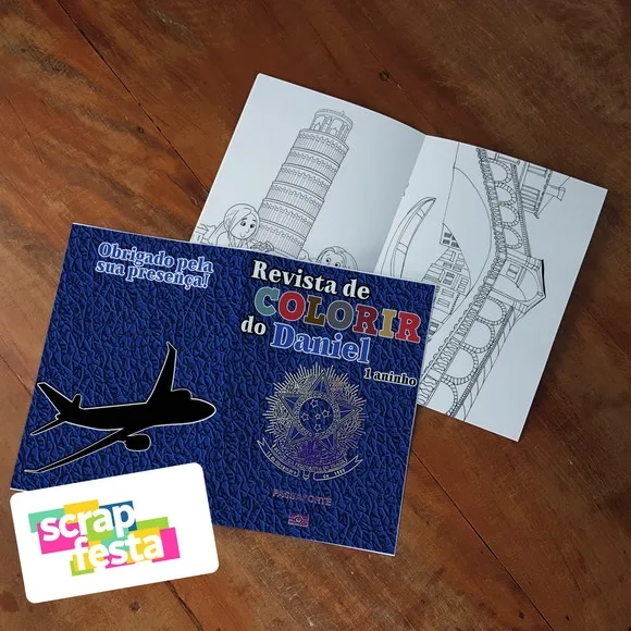 Revista Colorir + Giz de Cera Festa Passaporte Viagem