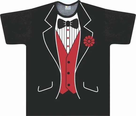 Camiseta Adulto Fantasia Smoking de Gala com Colete Vermelho e Gravata Borboleta