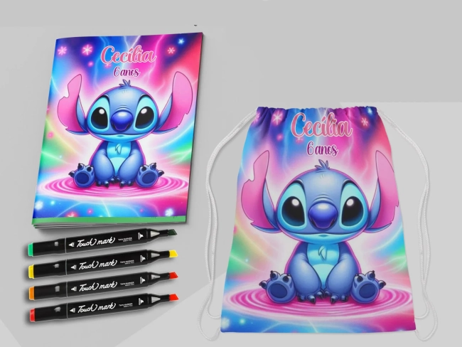Kit Mochila e Revista de colorir com Canetinhas do Stitch