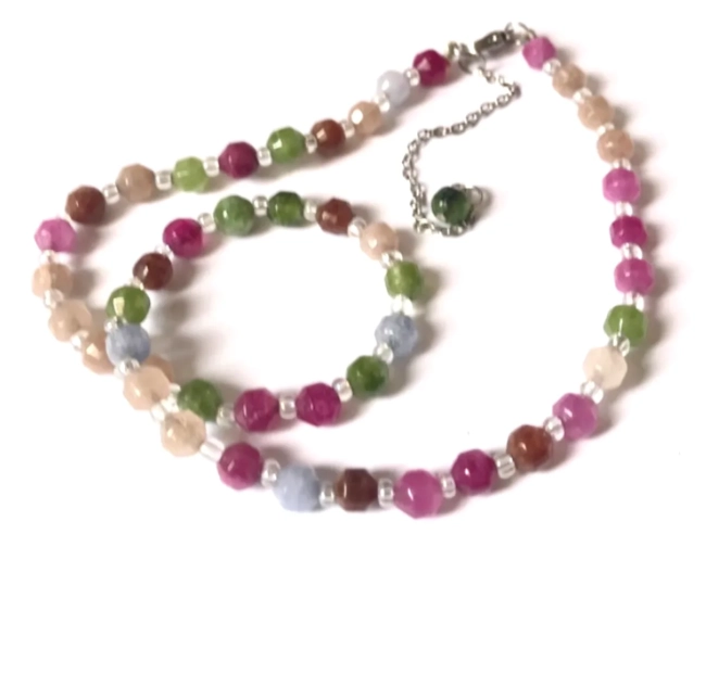 Choker Colar Jade Multicolor facetada com Inox e Cristais