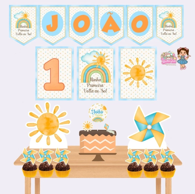 Kit Festa Só Um Bolinho MINHA PRIMEIRA VOLTA AO SOL MENINO - Decoração de Festa