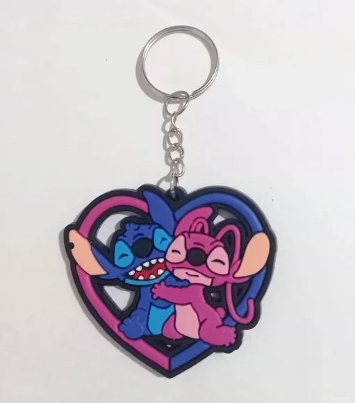 Chaveiro Stitch e Angel Coração Emborrachado - 5 Peças