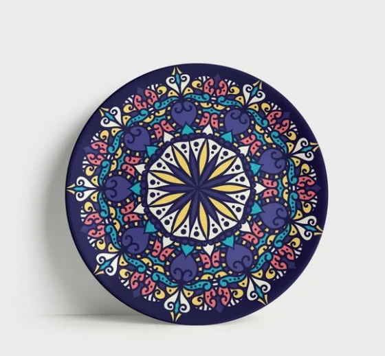 Prato Decorativo Mandala Real Marinho e Amarelo 21cm Porcela