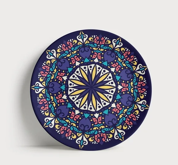 Prato Decorativo Mandala Real Marinho e Amarelo 21cm Porcela