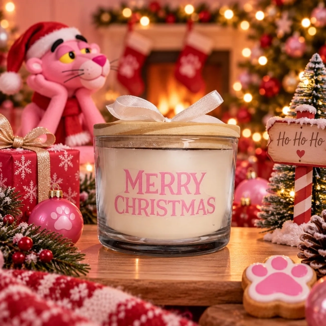 Vela Aromática no Copo Personalizada Natal Pantera Cor de Rosa - Trabalhamos com outros temas - Informar  tema no chat