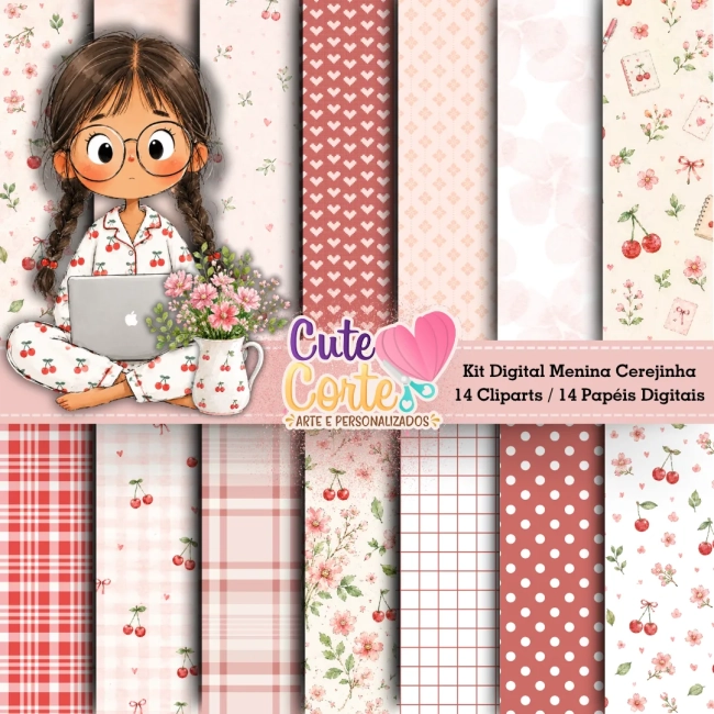 Kit Digital - Meninas Cerejinhas (14 Papéis Digitais + 14 Cliparts)