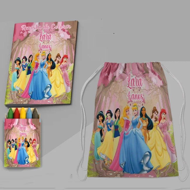 Kit Lembrancinhas Mochila e Revista de Colorir das Princesas Disney