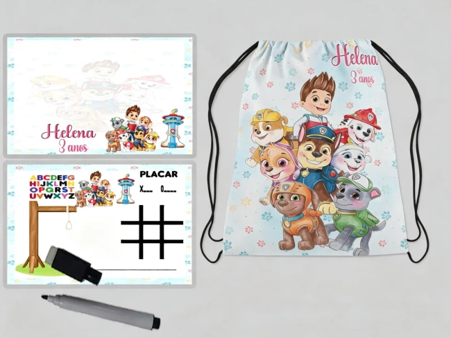 Kit lembrancinhas com Mochila e Lousa Magica da Patrulha Canina