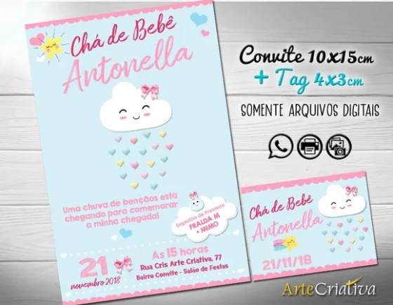 CONVITE DIGITAL C/TAG Chá de bebê Chuva de Amor Menina