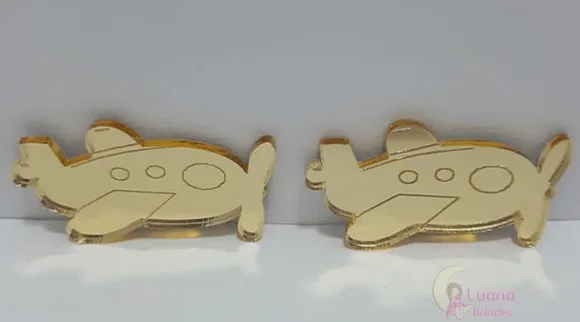Aplique Avião Acrílico Espelhado Dourado -pct c/7 unid