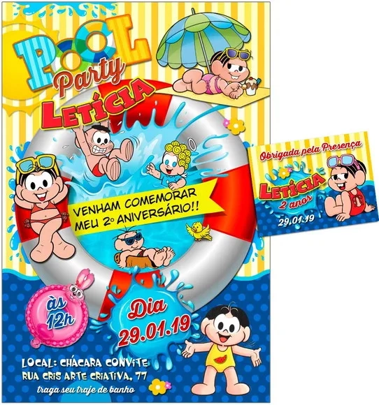 CONVITE DIGITAL C/TAG Pool Party Turma da Mônica Menina