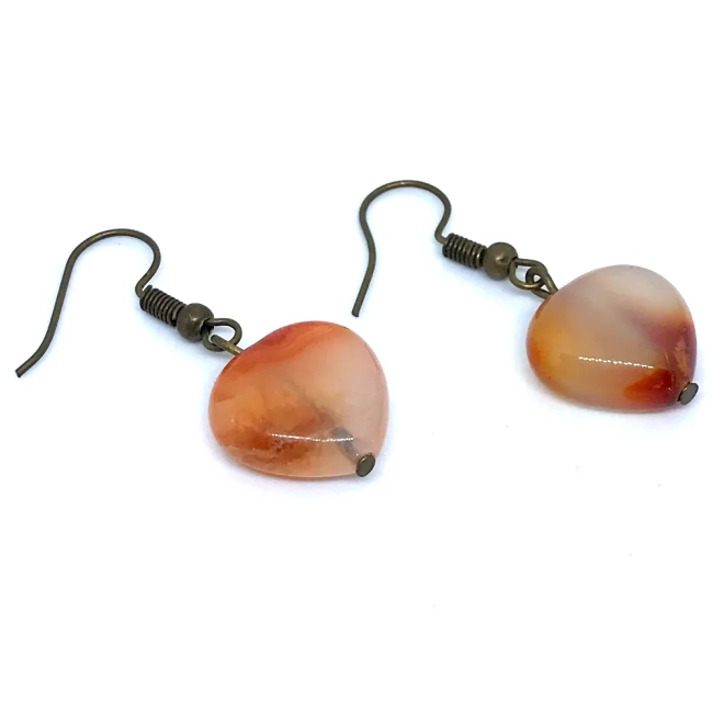 Brinco Ouro Velho Coração Ágata Natural (Estilo Boho / Vintage)