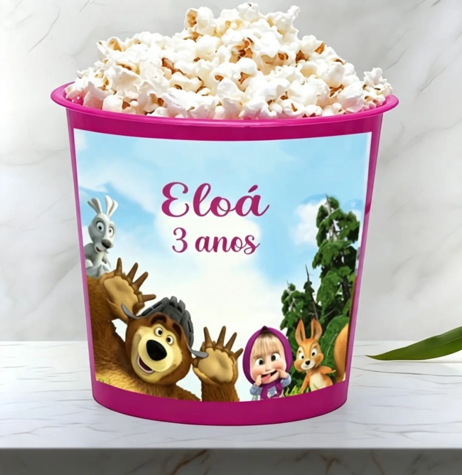 Balde de Pipoca Personalizada para lembrancinhas da Marsha e o Urso