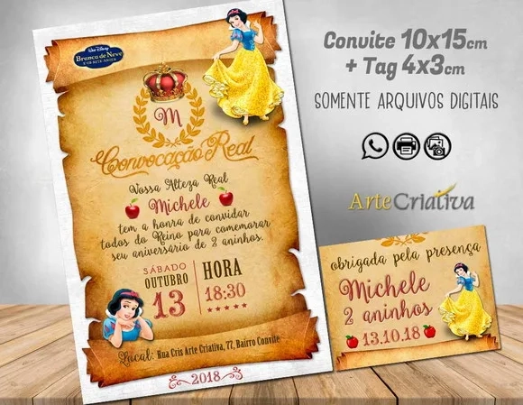 CONVITE DIGITAL C/TAG Pergaminho Branca de Neve