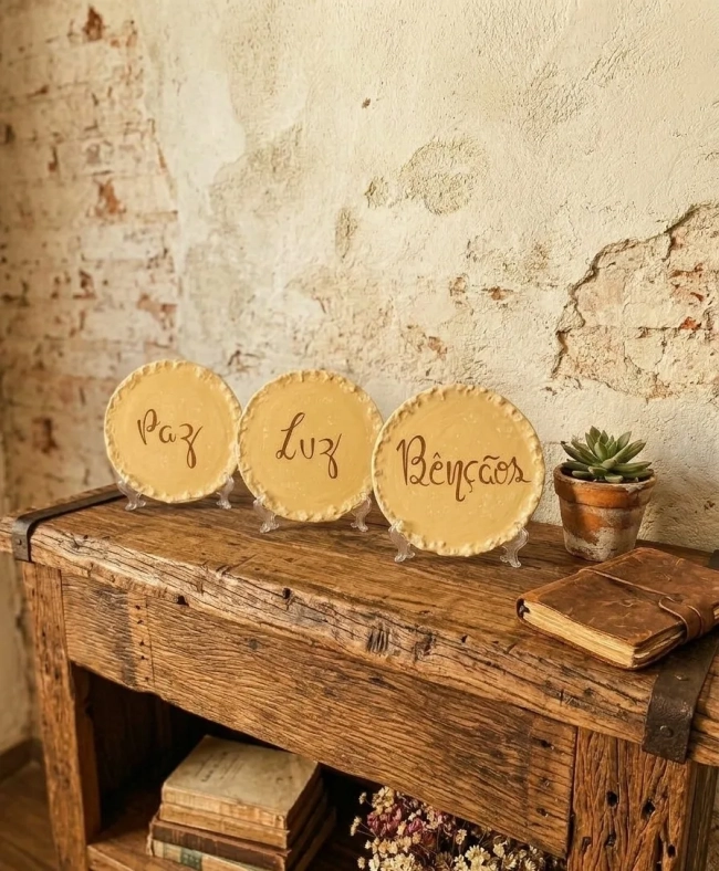 Trio Placas Decorativas Mesa MDF Paz Luz Bençãos Textura Kit 3 Peças 15cm
