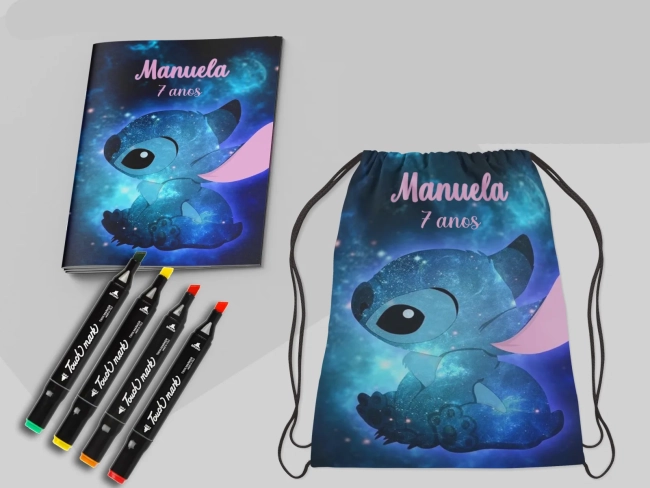 Kit Mochila e Revista de colorir com Canetinhas do Stitch