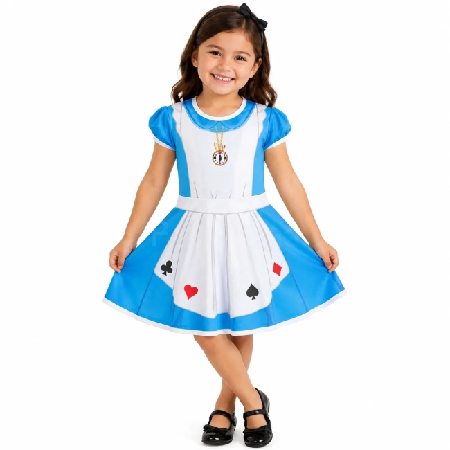 Vestido Infantil Fantasia Menina das Maravilhas Azul com Avental e Naipes de Baralho