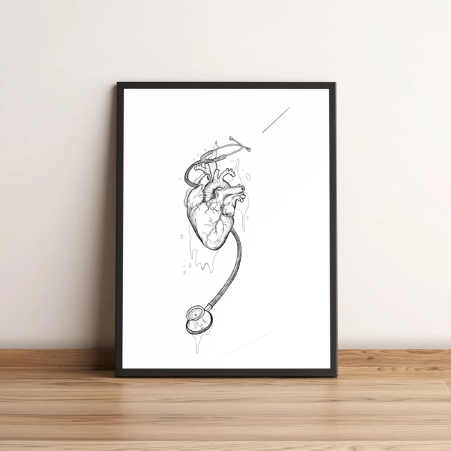 Quadro Coração e Estetoscópio em Arte Minimalista 150