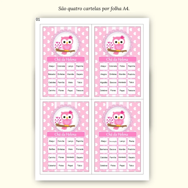 Bingo Chá de Bebê Menina Pdf Para Imprimir