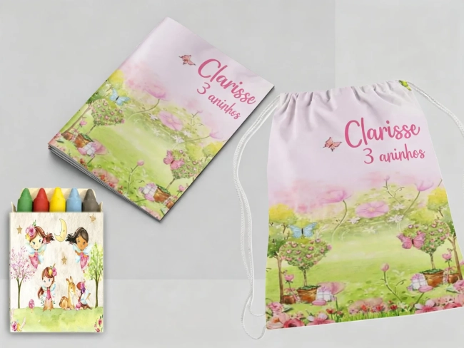Kit Mochila e Revista de colorir para lembrancinha Jardim Encantado