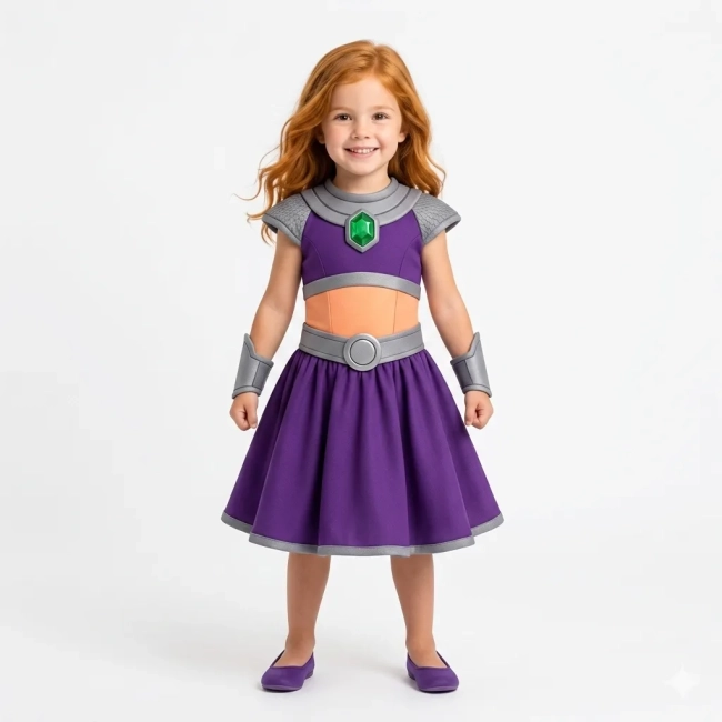 Vestido Infantil Fantasia Heroína Roxo com Pedras Verdes