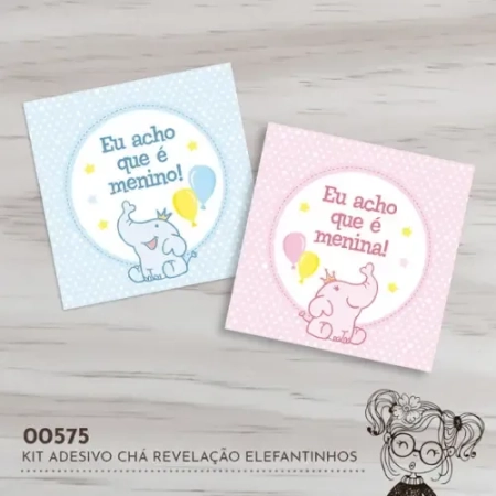 Kit Adesivos Quadrados Chá Revelação Elefantinhos - 00575