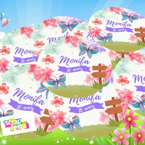 Adesivo 5cm Redondo Personalizado Jardim Encantado Borboleta