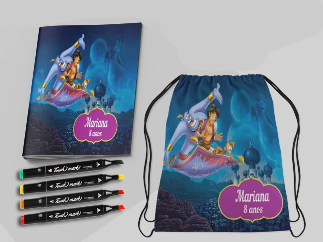 Kit Mochila Revista de Colorir com Canetinhas Personalizada do Aladim