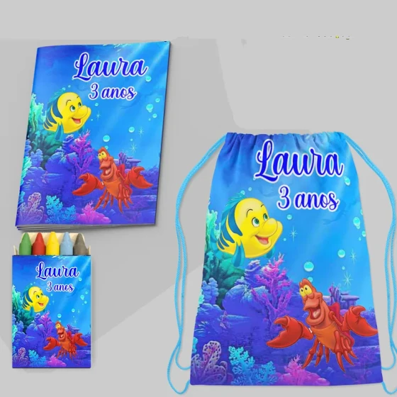 Kit Mochila e Revista de colorir para lembrancinha do Linguado e Sebastian Sereia Ariel