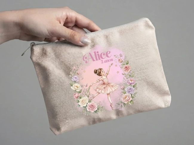 Lembrancinha Nécessaire Personalizada Algodão Cru 20x15 Estampa DTF Bailarina