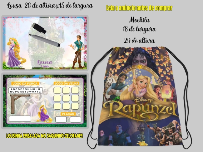 Kit Mochilinha e Lousa Magica Personalizada lembrancinhas da Rapunzel