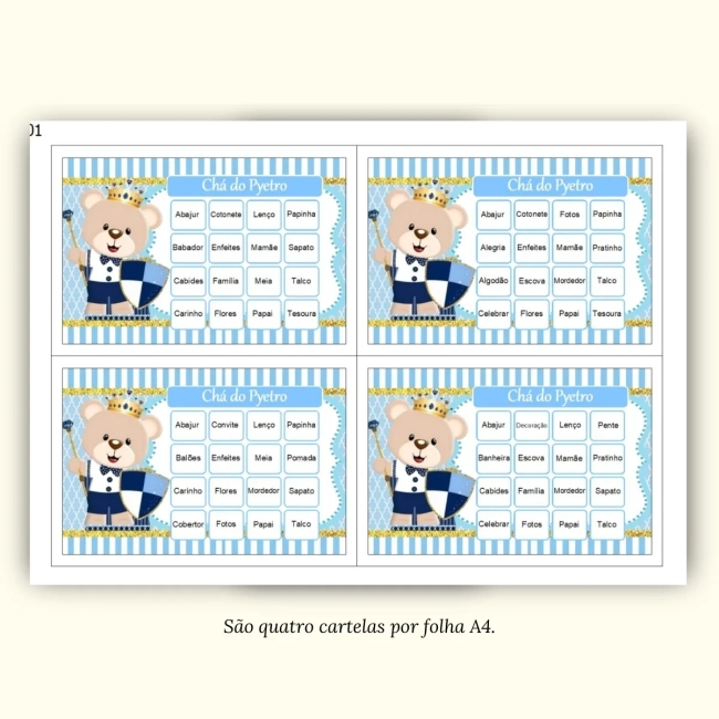 Bingo Chá de Bebê Menino Pdf Para Imprimir
