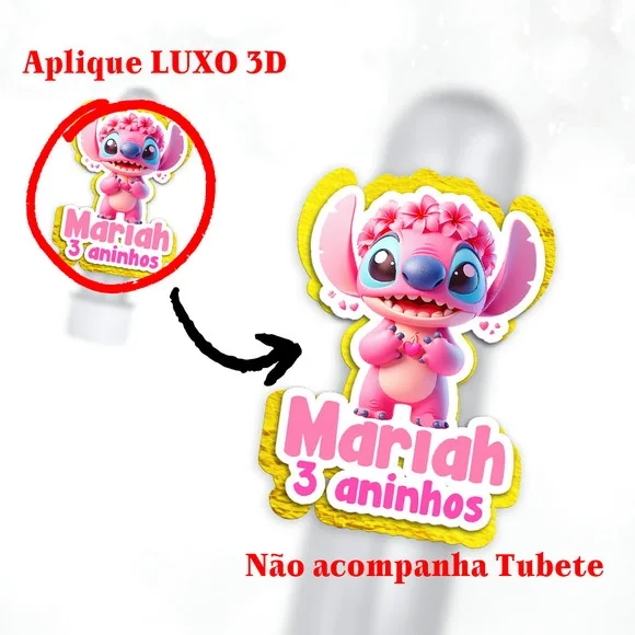 Aplique 3d Tema Stitch Angel com Papel Dourado para Tubete